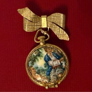 FULLER BRUSH BROOCH LOCKET GOLD TONE BOW DANGLE ENAMEL LADY & GENT PERFUME